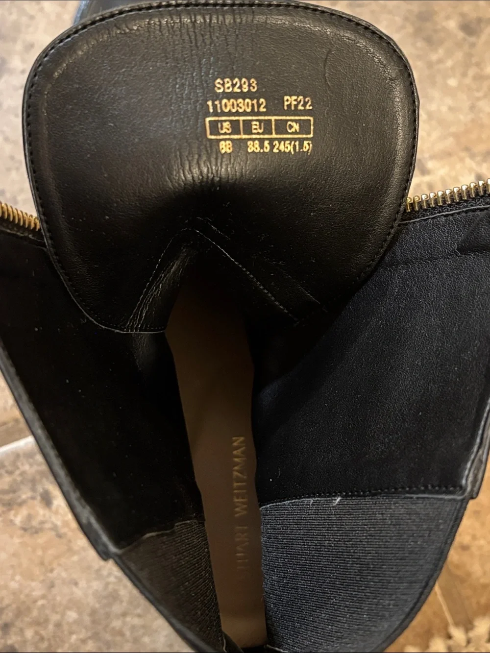 Stuart Weitzman Black Leather Front-Zip Ankle Boots with Gold Zipper